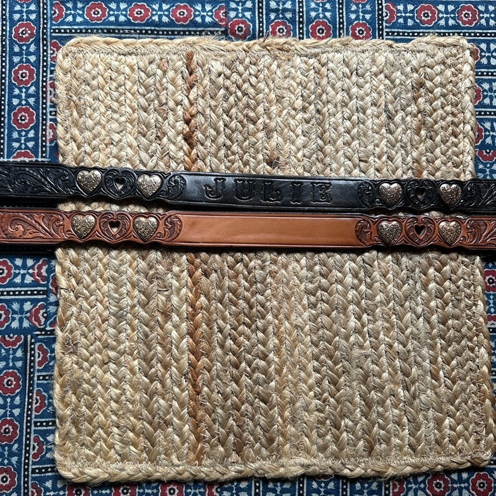 2 Western Belts Tooled Silver Hearts Embossed Leather Black and Brown
Vintage